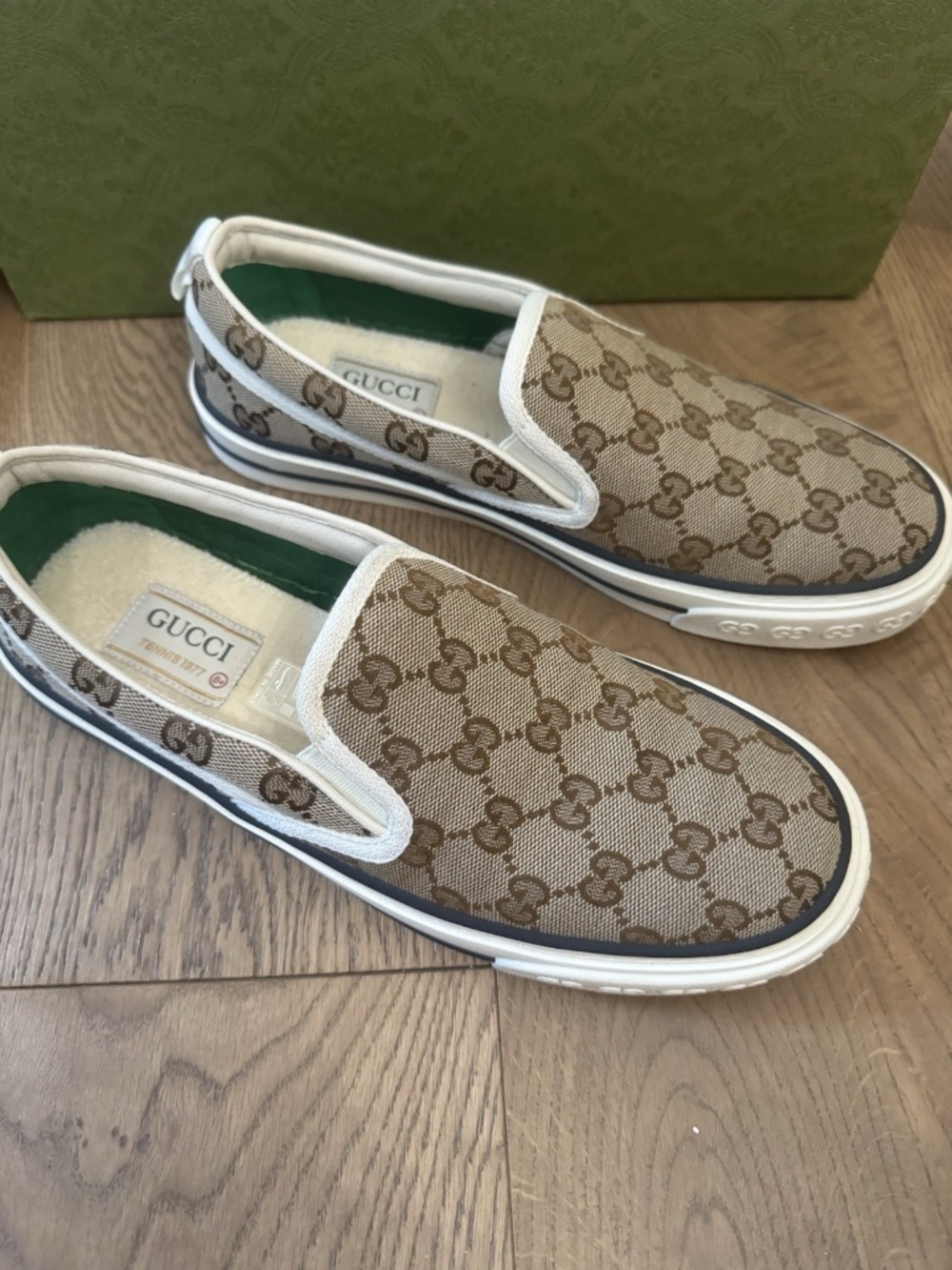 GUCCI TENNIS 1977 LOAFERS SLIP-ON SNEAKERS GG SUPREME MONOGRAM BEIGE EBONY 6.5